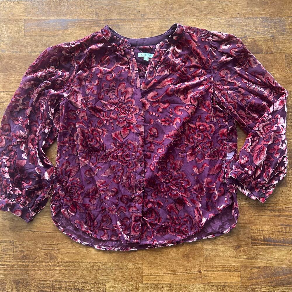 Chicos sheer velvet burgundy statement blouse size 2 U.S 12​ - Picture 5 of 12